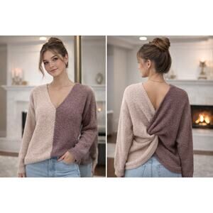 Magnolia Colorblock Bouclé Twist Back Sweater Size S Soft Cozy Knit